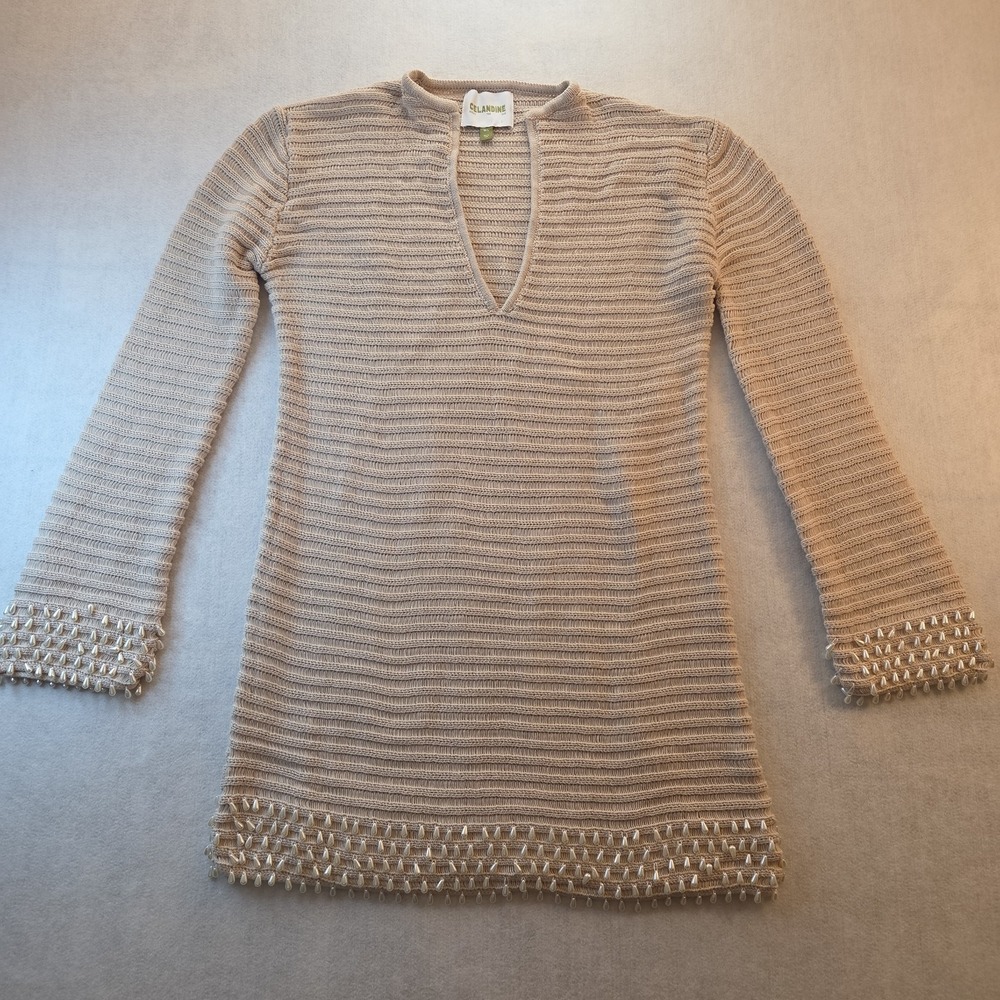 Celandine Bead Trim Knit Long Sleeve Mini Shift Dress Size M/L Beige Boho Resort - Picture 2 of 7